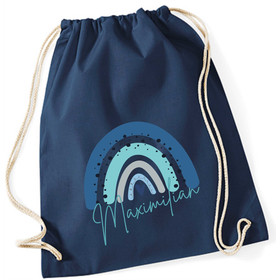 Turnbeutel mit Namen & Regenbogen in Blau | Motiv Blue Sky inkl. Namensdruck für Mädchen | Stoffbeutel Rucksack zum Zuziehen mit Kordel