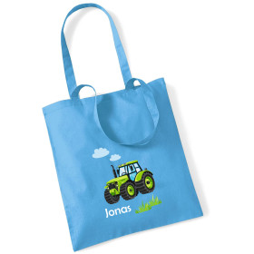 Jutebeutel mit Namen | Motiv Traktor mit Gras & Wolken