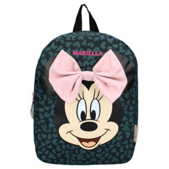 Kinderrucksack mit Name | Motiv Disney Minnie Mouse mit großer Schleife (dunkelgrün)