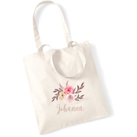 Einkaufstasche mit Namen | Blumenmotiv in rosa |...