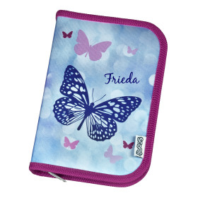 Federmäppchen Mädchen mit Namen bedruckt | Schmetterling Fly and Sparkle in Lila Schriftfarbe: royalblau