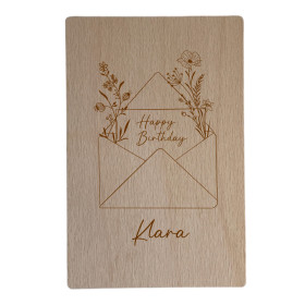 Personalisierte Grußkarte aus Holz | Happy Birthday Blumenmotiv