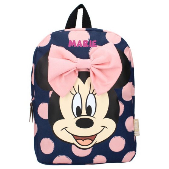 Kinderrucksack mit Name | Motiv Disney Minnie Mouse mit großer Schleife (dunkelblau)