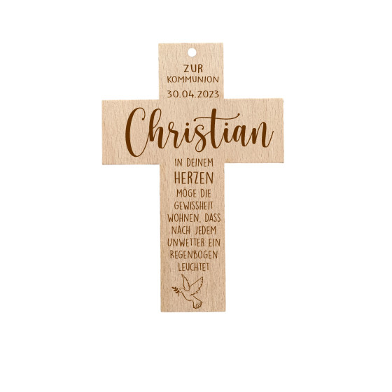 Personalisiertes Kommunionskreuz mit Name | Spruch Regenbogen
