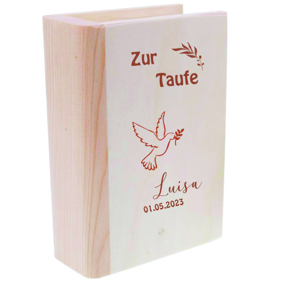 Personalisierte Spardose Buch aus Holz | Motiv Taube