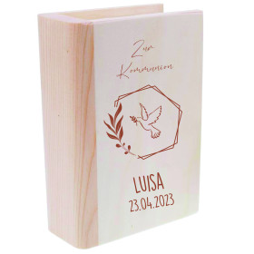Personalisierte Spardose Buch aus Holz | Motiv Taube mit Blumenkranz