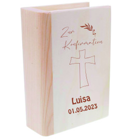 Personalisierte Spardose Buch aus Holz | Motiv Kreuz