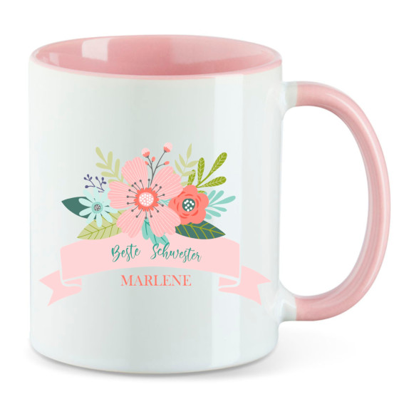 Personalisierte Tasse mit Namen | Beste Schwester mit Blumen
