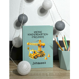 Personalisiertes Freundebuch Kindergarten | Baustellenfahrzeug Kran (mint)
