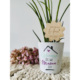 Geschenkset Blumenübertopf ‚Zuhause‘ | mit personalisiertem Blumenstecker Mama