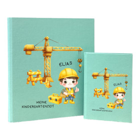 Personalisiertes Set aus Freundebuch Kindergarten und Erinnerungsmappe | Motiv Baustelle mit Kind (mint)