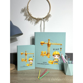 Personalisiertes Set aus Freundebuch Kindergarten und Erinnerungsmappe | Motiv Baustelle mit Kind (mint)