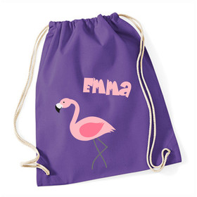 Stoffbeutel mit Namen | Motiv Flamingo in lila, rosa...
