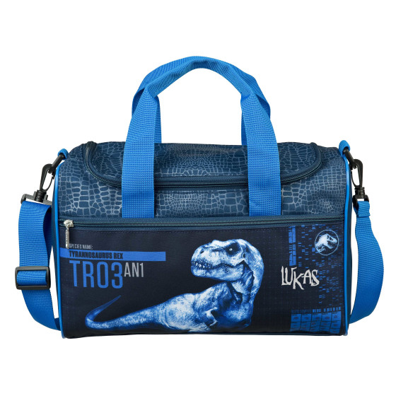 Sporttasche mit Namen | Motiv Dinosaurier T-Rex Jurassic in blau & grau
