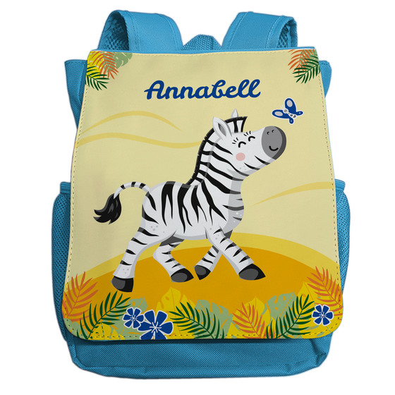 Kindergartenrucksack mit Namen | Motiv Zebra in hellblau