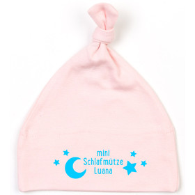 kleine Mütze für Babys mit Namen | Motiv Schlafmütze in blau & weiß