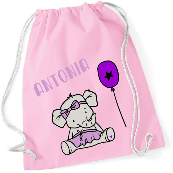 Turnbeutel mit Namen | Motiv Elefantine & Luftballon für Mädchen