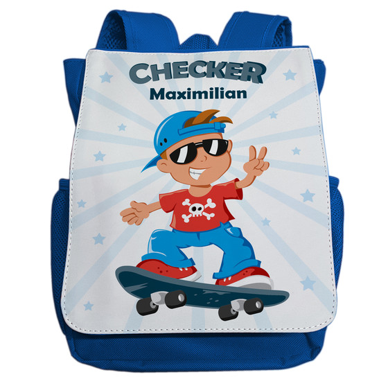 Kindergartenrucksack mit Namen | Motiv Checker & Skateboard in blau