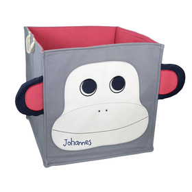 Spielzeugkiste mit Namen | Affe Meja | Spielzeugbox zum Aufräumen & Verstauen | für Jungen & Mädchen mit Personalisierung in grau, weiß & pink